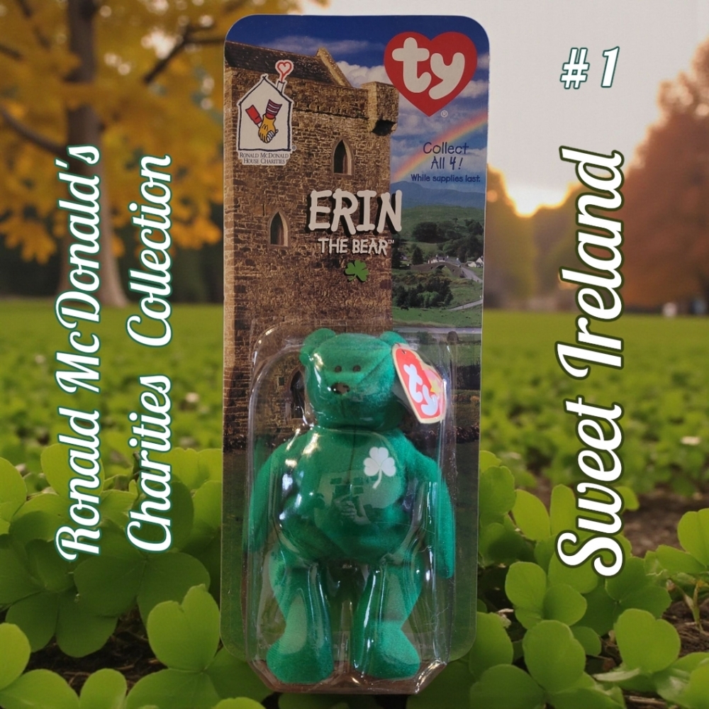 Vtg RARE TY Teenie Beanie Baby Erin Bear McDonald's Shamrock Ireland Sealed NEW!